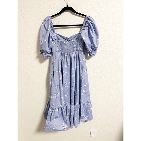 Abercrombie & Fitch Poplin Puff Sleeve Midi Dress Smocked Back Floral Blue Small - Picture 3 of 6